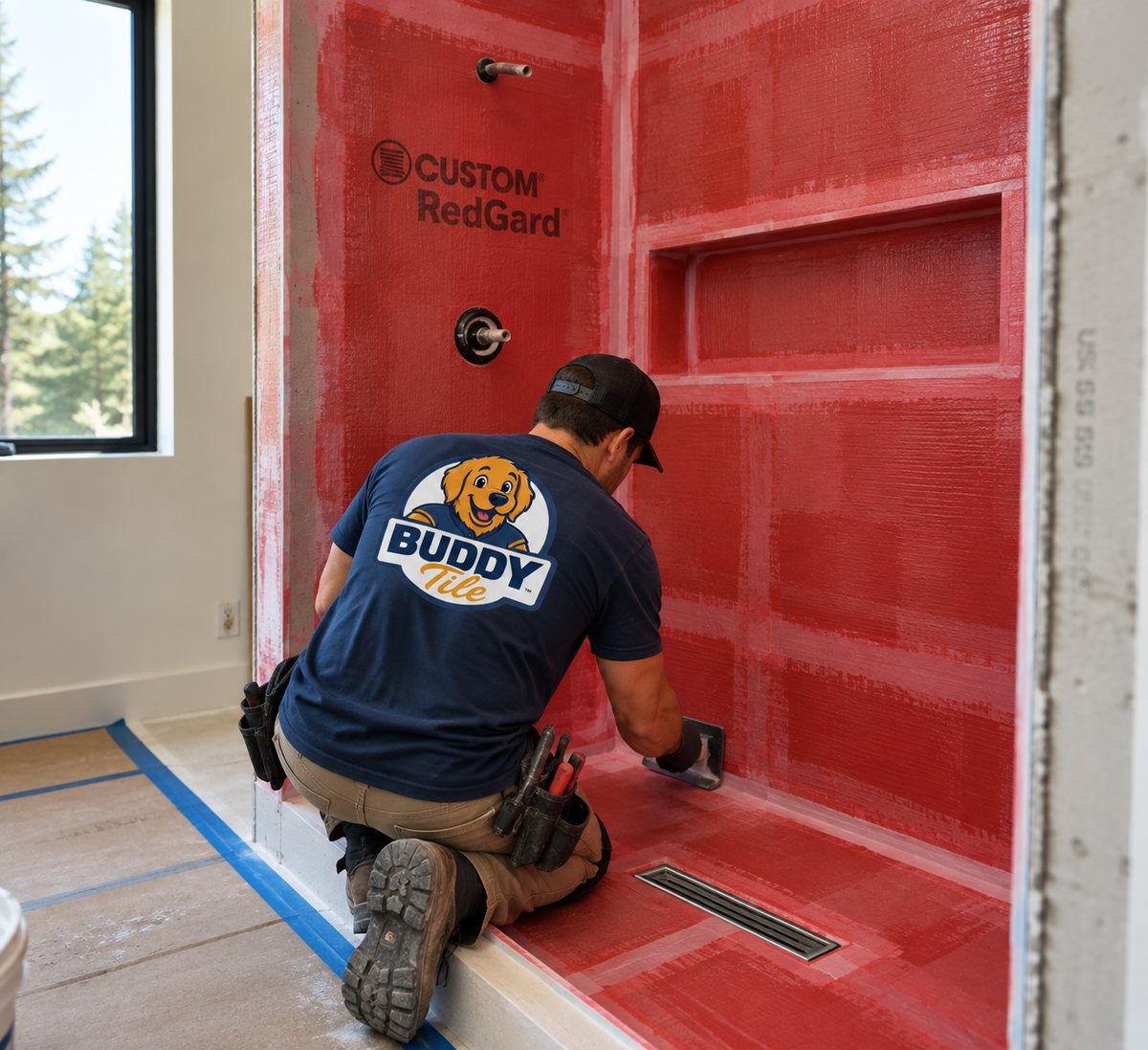 Buddy Tile installer rolling RedGard waterproofing on a shower before tile