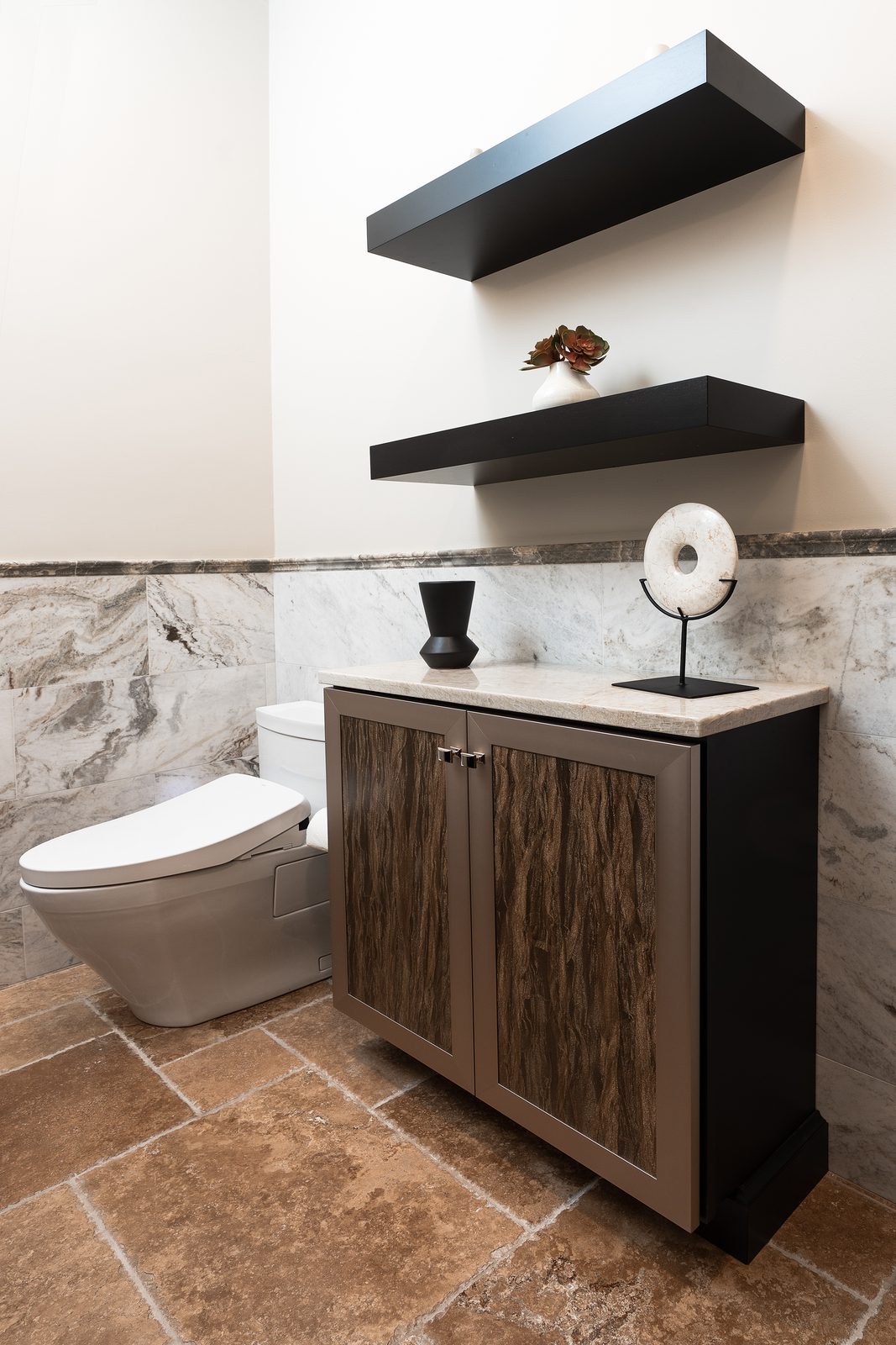 Floating shelves and travertine