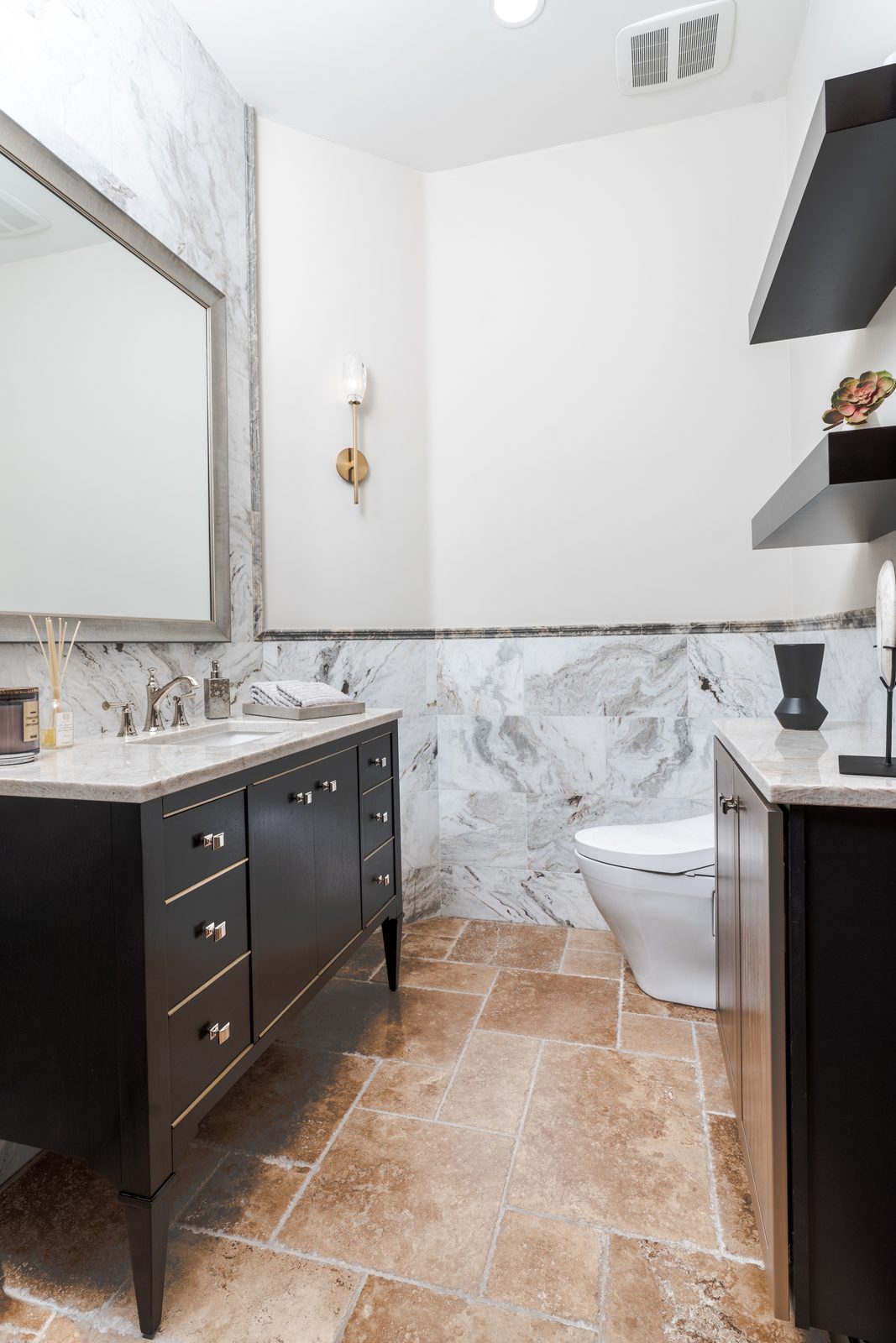 Espresso vanity in a marble field