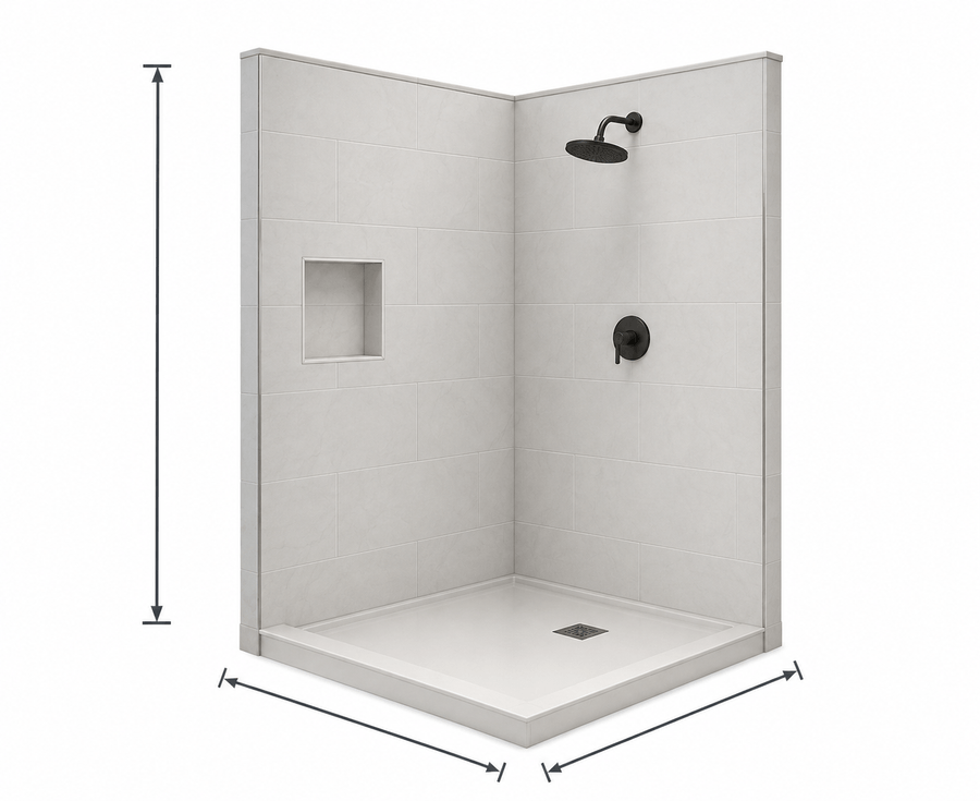 Corner shower with dimension arrows
